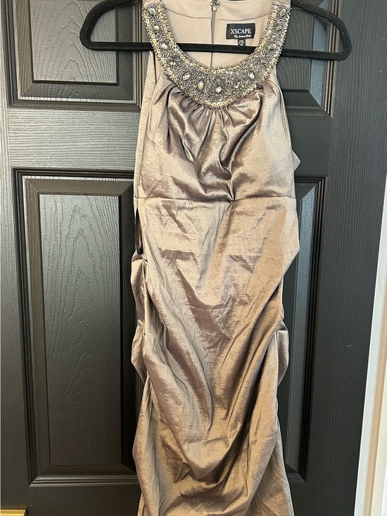Xscape Dresses & Skirts - Xscape Embellished Neckline Metallic Taupe Evening Dress